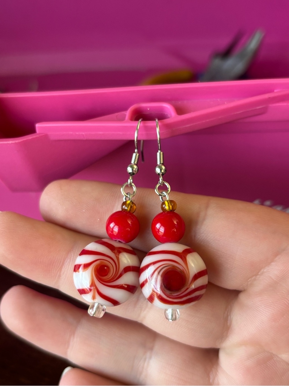 Handmade Red & White peppermint Glass Drop Earrings
